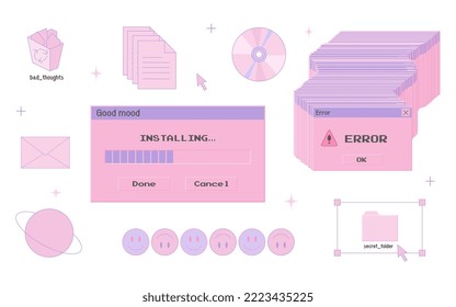 Old computer user interface, 90s 2000s style, retro pc elements, trendy y2k aesthetic set, nostalgia, vector illustration