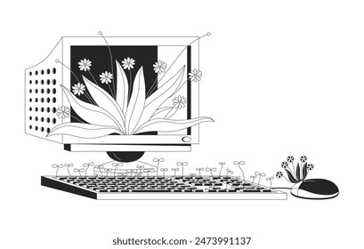 Old computer with wild plants black and white 2D illustration concept. Vintage pc with growing grass cartoon items isolated on white. Nature against technology metaphor monochrome vector art