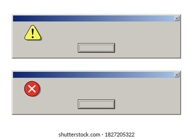 Old computer window with blank error message set. Retro pc interface with problem or glitch, vintage web browser alert, software system bug. 90s screen vector illustration. Program failure.