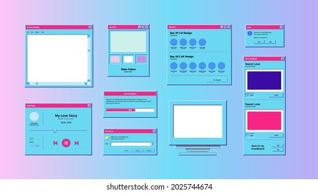 Old Computer Window. System Message Alert, Neon Window With Icon And Button In Classic Style. UI Elements For Computer Screen, Retro System Mockup. Vector Illustration Vintage Tab 90s Software UI.