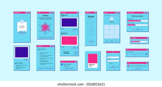 Old computer window. System message alert, neon window with icon and button in classic style. UI elements for computer screen, retro system mockup. Vector illustration vintage tab 90s software UI.