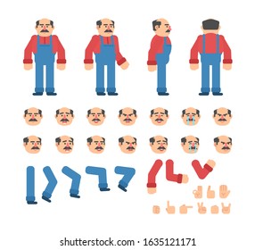 Old construction worker or mechanic creation kit. Create your own pose or animation. Flat design vector illustration