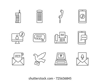Old and contemporary communication ways, types line icons set with smartphone, retro cellphone, letter, pigeon post, email, telephone, pager, fax, video call.