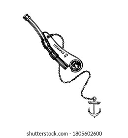 old copper marine whistle with anchor on a chain, for sailors & boatswain, vector illustration with black ink lines isolated on a white background in a doodle & hand drawn style