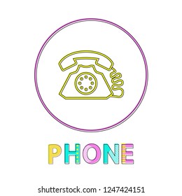 Old corded phone color vector icon in minimalistic line style. Small depiction of oldish conversation device in circle for customer support centre.