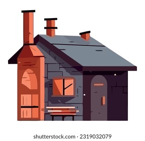 Old cottage with chimney, brick and window icon isolated
