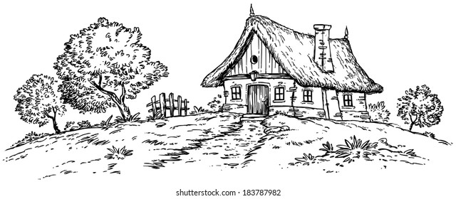 Old Cottage House Vector Landscape - Ink Illustration