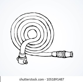 Old cotton pour attack pipeline firehose gear on white backdrop. Freehand black ink hand drawn 911 save risk object concept emblem logo sketchy in modern art scribble style pen on paper space for text