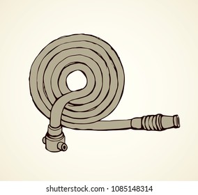Old cotton pour attack pipeline firehose gear on white backdrop. Freehand black ink hand drawn 911 save risk object concept emblem logo sketchy in modern art scribble style pen on paper space for text