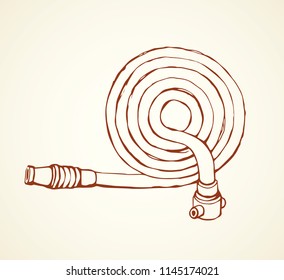 Old cotton pour attack pipeline firehose gear on white backdrop. Freehand black ink hand drawn 911 save risk object concept emblem logo sketchy in modern art scribble style pen on paper space for text