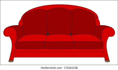 Old Couch, red sofa for home or business. Three-seater. Vector illustration. Isolated on white background