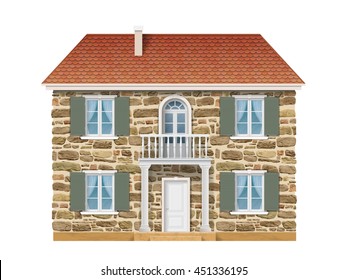 Old country house with a stone wall, white windows and balcony. Traditional facade of the European house. Vector detailed architectural illustration.