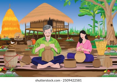 old country man and lovely girl are sitting and weaving a container with bamboo in front of hut. vector design
