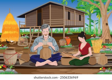 old country man and are sitting and weaving a container with bamboo in front of hut. vector design