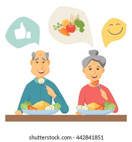 Old Coupe Eating Healthy Food Infographic. People Lifestyle Concept. Smile Elderly Man And Women In Having Breakfast At Home Together