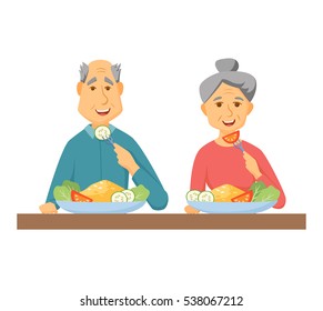 Old Coupe Eating Healthy Food. Lifestyle Concept. Smile People Eat At Home Together. Elderly Man And Women In Having Breakfast