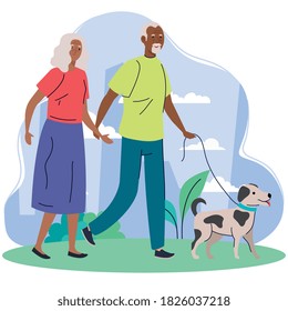 old couple afro walking with dog pet in the park vector illustration design