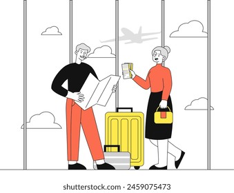 Old couple in airport simple. Eldery man and woman with luggage and baggage. Pensioners at holiday and vacation. Prepare to flight. Linear flat vector illustration isolated on white background