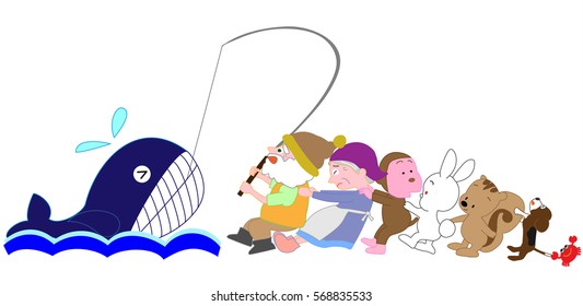 An old couple and the animals which try hard to catch a whale.