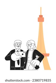 Old couple attraction tourists retirement enjoying black and white 2D cartoon characters. Retirees taking selfie at Eiffel tower isolated vector outline people. Monochromatic flat spot illustration