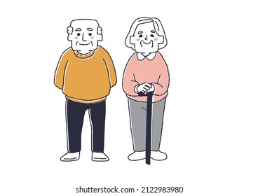  An old couple with a bent waist, a comical handwritten person illustration, a simple coloring on a vector line drawing, a white background