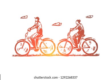 Old, couple, bicycle, happy, sport concept. Hand drawn old couple cycling outdoor concept sketch. Isolated vector illustration.