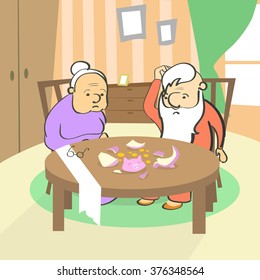 Old Couple Broken Piggy Bank Savings No Money Senior Man Woman Retired Bankruptcy Sit Table Poverty Concept Vector Illustration