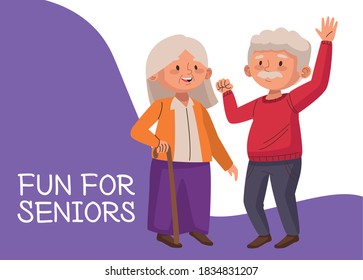 old couple with cane and lettering active seniors characters vector illustration design