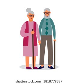 Personajes de dibujos animados de pareja de ancianos caminando juntos con palos en las manos, ilustración vectorial plana aislada en fondo blanco. Relaciones de personas mayores y unión.