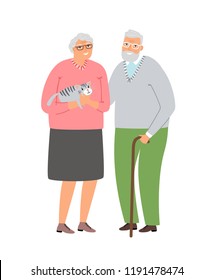 Old couple with cat. Senior age man and woman together with pet, happy elderly family parents couple isolated on white background, vector illustration