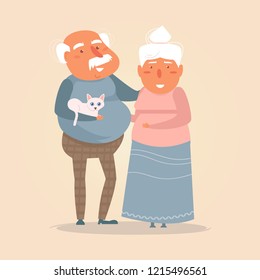old couple with cat. Vector. Cartoon. Isolated art  Flat