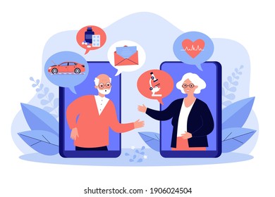 Old couple chatting online, discussing news and health. Elder aged man and woman talking through video call. Vector illustration for distance communication, family relationship concept