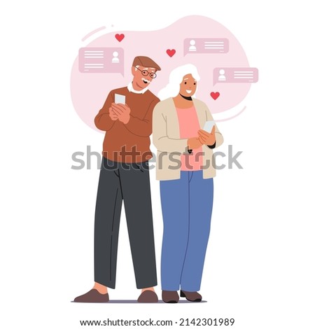 Old Couple Chatting via Internet Using Phones. Senior Characters Communicate in Social Networks on Love Sites, Browsing Internet, Chatting and Messaging with Friend. Cartoon People Vector Illustration