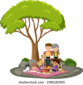 Old couple with children in the park isolated on white background illustration