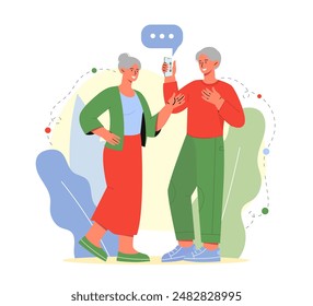 Old couple concept. Elderly man and woman with smartphone. Love and romance. Pair of pensioners dancing and spending time together. Cartoon vector illustration isolated on white background