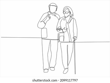 
Old couple in continuous line art drawing style. Senior man and woman walking together holding hands. Black minimalist linear sketch isolated on a white background. Vector illustration