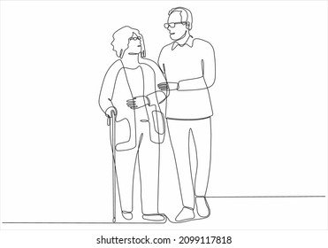 
Old couple in continuous line art drawing style  Senior man   woman walking together holding hands  Black minimalist linear sketch isolated white background  Vector illustration