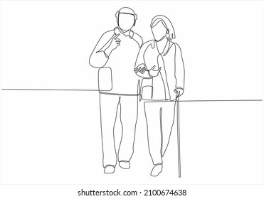 Old Couple In Continuous Line Art Drawing Style. Senior Man And Woman Walking Together Holding Hands. Black Minimalist Linear Sketch Isolated On A White Background. Vector Illustration