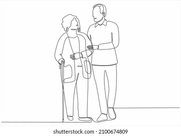Old couple in continuous line art drawing style  Senior man   woman walking together holding hands  Black minimalist linear sketch isolated white background  Vector illustration