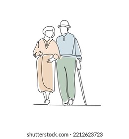 Old couple in continuous line art drawing style  Senior man   woman walking together holding hands  Black minimalist linear sketch isolated white background  Vector illustration
