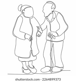 Old couple in continuous line art drawing style. Senior man and woman walking together holding hands. Black minimalist linear sketch isolated on a white background. Vector illustration
