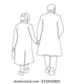 Old couple in continuous line art drawing style. Elderly couple. Senior man and woman walking together holding hands. Minimalist black linear sketch isolated on white background. Vector illustration 