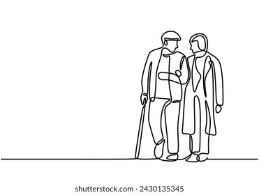 Old couple continuous one line drawing. Senior man and woman dating and walking. Vector illustration symbol of pensioner.