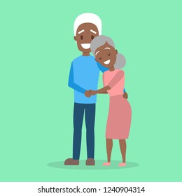 Old couple. Cute elderly african amercian character happy together. Grandmother and grandfather in love hug. Isolated flat vector illustration