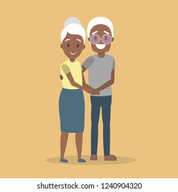 Old couple. Cute elderly african amercian character happy together. Grandmother and grandfather in love hug. Isolated flat vector illustration