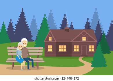 Old couple. Cute elderly character happy together. Grandmother and grandfather in love hug. Wooden house and nature on background. Isolated flat vector illustration