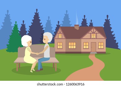 Old couple. Cute elderly character happy together. Grandmother and grandfather in love hug. Wooden house and nature on background. Isolated flat vector illustration