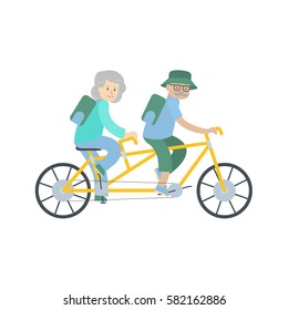 Old couple cycling together. Isolated characters on white background. Green old ages.