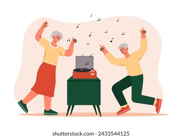 Old couple dance concept. Man and woman with grey hairs. Rest and leisure indoor. Elderly people in love. Active lifestyle and hobby. Party and disco. Cartoon flat vector illustration