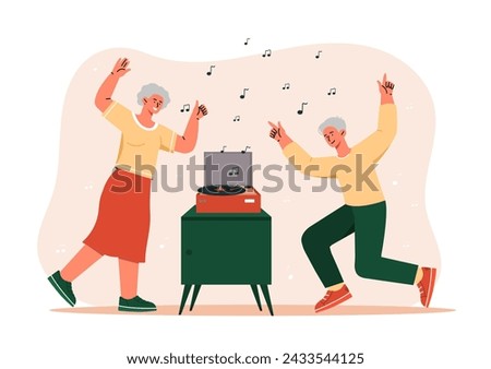 Old couple dance concept. Man and woman with grey hairs. Rest and leisure indoor. Elderly people in love. Active lifestyle and hobby. Party and disco. Cartoon flat vector illustration